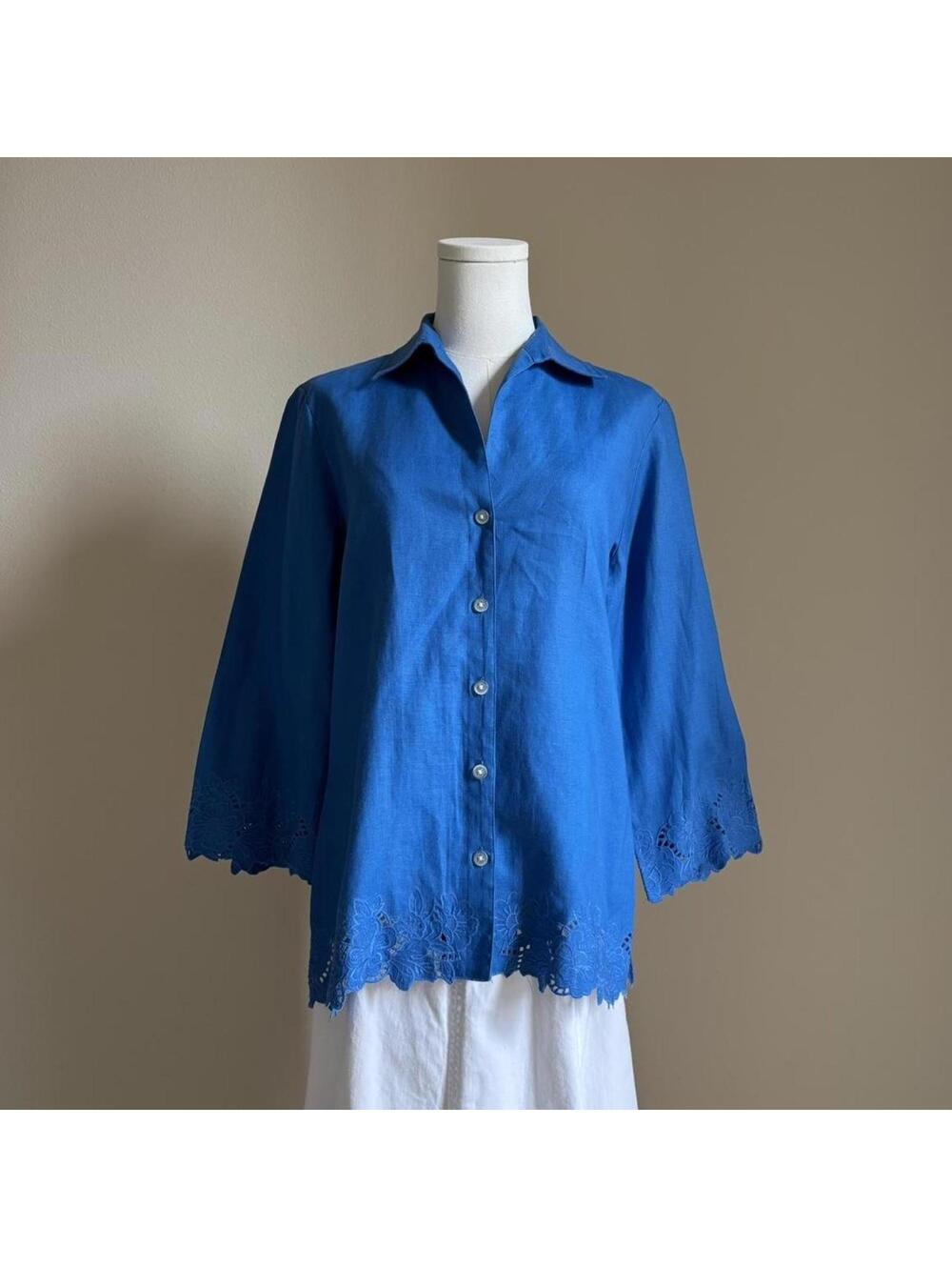Blue linen long sleeve button up shirt with embroidery